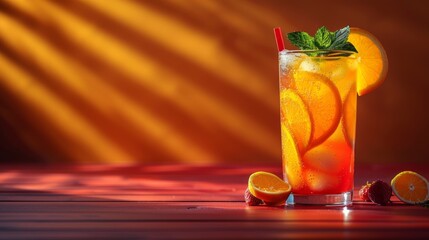 A variety of summer cocktails with citrus garnishes, backlit by warm sunset light, showing refreshing beverages