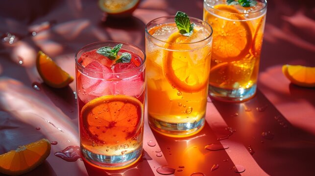 A variety of summer cocktails with citrus garnishes, backlit by warm sunset light, showing refreshing beverages - Powered by Adobe