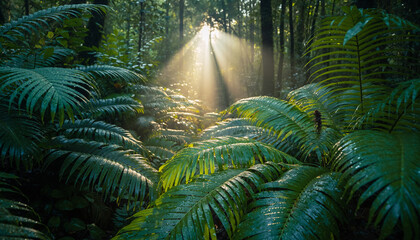 Fototapeta premium Golden Light Streaks Through Lush Tropical Canopy, Illuminating Verdant Ferns in a Mystical Rainforest Scene, Capturing Nature's Ethereal Beauty