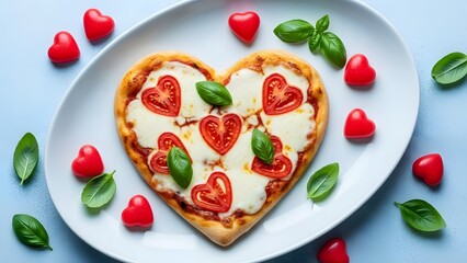 Heart shaped pizza with tomato slices and basil on white plate surrounded by red hearts