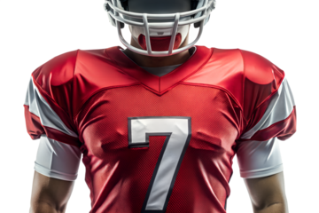 American Football Player in Red Jersey Number 7 Close-Up