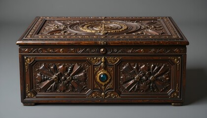   Prompt:
A vintage Omani royal jewelry box made of carved wood and brass inlays, intricate geometric patterns, aged patina, velvet interior, containing gemstone ornaments, royal palace style, museum-