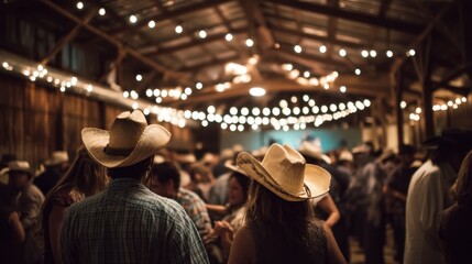 People wearing cowboy hats gathered in a barn at night