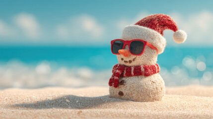 A cute sand snowman sporting red sunglasses and a Santa hat sits on the beach by the ocean. The clear blue water sparkles in the sunlight creating a cheerful summer scene.
