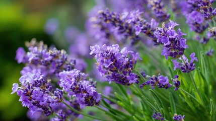 Fototapeta premium Vibrant purple lavender flowers fill the garden swaying gently in the warm breeze. Bright sunlight enhances the colors creating a peaceful serene environment in springtime.