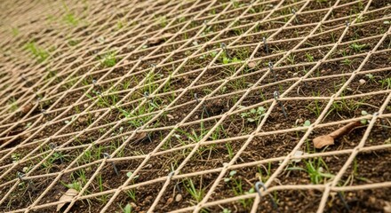 Ecological grid reinforcement with brown earth. Ecological grid promotes vegetation growth and soil stability, showcasing mesh structure and potential for erosion control.