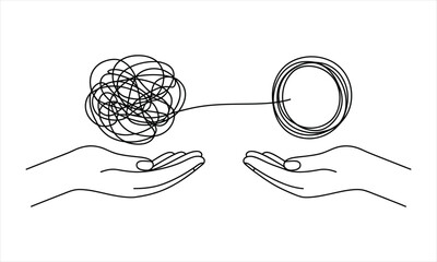 Line drawing shows hands presenting a tangled mess connected to a neat circle shape