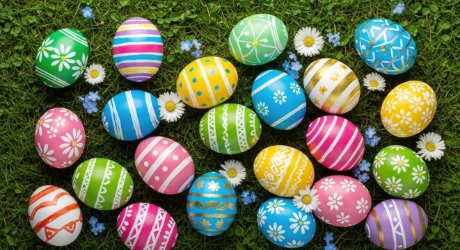 Colorful Easter Eggs On Green Grass Background