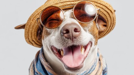 A cheerful dog with a big smile wears round sunglasses and a straw hat. The playful animal exudes happiness on a bright day showcasing its fun personality.