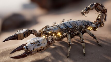 Robotic scorpion metallic armor glowing stinger desert cyberpunk environment