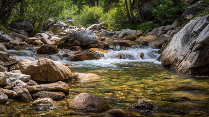 A clear stream flows over rocks under the sunlight in a tranquil forest. Lush greenery lines the banks creating a serene atmosphere perfect for relaxation.