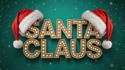 Festive marquee sign spelling out santa claus with traditional red and white hats on a green background
