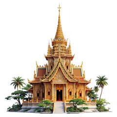 Fototapeta premium Elaborate golden thai temple with intricate details, surrounded by lush greenery, isolated on transparent background, showcasing traditional architecture