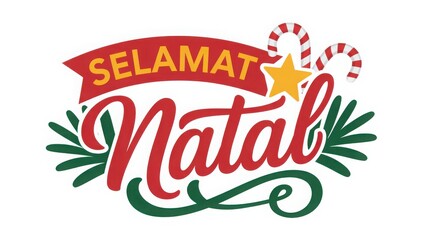 Obraz premium Selamat natal greeting text with festive christmas elements like candy cane and star isolated on white background