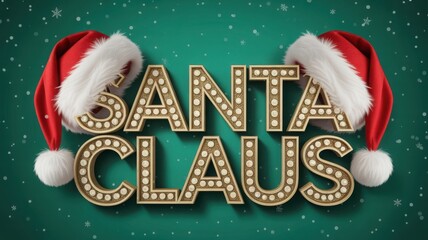 Marquee style text spelling out santa claus with two santa hats on a green background