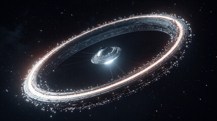 Robotic space drone constructing glowing orbital ring