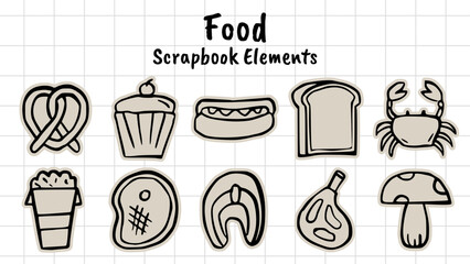 Hand Drawn Food Scrapbook Elements Collection Set, Outline Doodle Sticker Icons: Meat, Seafood, Bread, Dessert, Snack, Cuisine, Menu, Kitchen