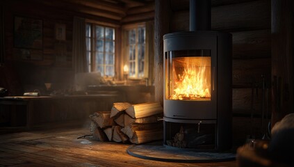 Cozy cabin interior with a burning stove, wood pile, and blurred background