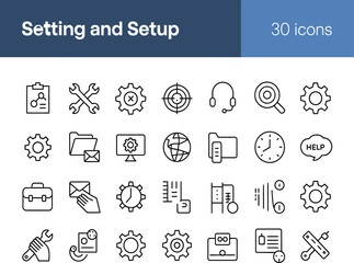 A modern collection of 30 thin line web development icons, ideal for settings, setup, and various technical configuration interfaces, promoting efficient digital operations