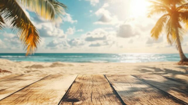 Video A wooden table set up on a sandy beach surrounded by palm trees, perfect for a casual outdoor gathering or picnic - Powered by Adobe
