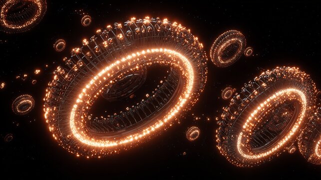 Robotic space drone constructing glowing orbital ring