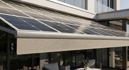 Photovoltaic panels offer sustainable energy and power generation for modern home. Photovoltaic panels are attached to the house to harvest clean energy.