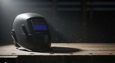 Fototapeta premium Black Welding Helmet on Wooden Table with Sparkles in Dark Workshop Environment