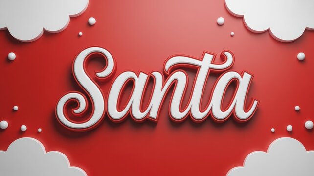 The word santa in white 3d text with a fluffy border on a festive red background with clouds