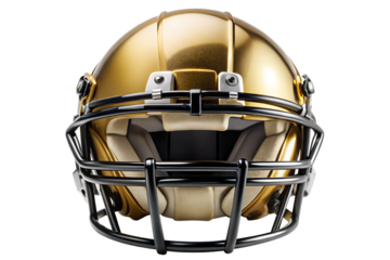 Gold American Football Helmet with Chrome Faceguard Front View Isolated on Transparent Background PNG
