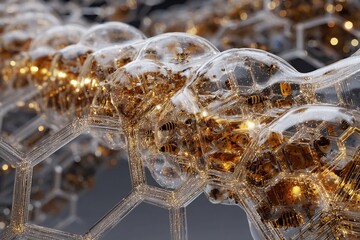 Robotic swarm bee constructing futuristic honeycomb structure made of light