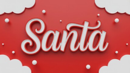 3d render of the word santa in white script font with shadow effect on a red background with cloud shape border