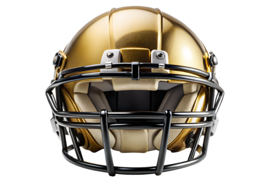 Gold American Football Helmet with Chrome Faceguard Front View Isolated on Transparent Background PNG