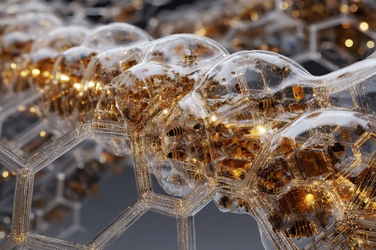 Robotic swarm bee constructing futuristic honeycomb structure made of light