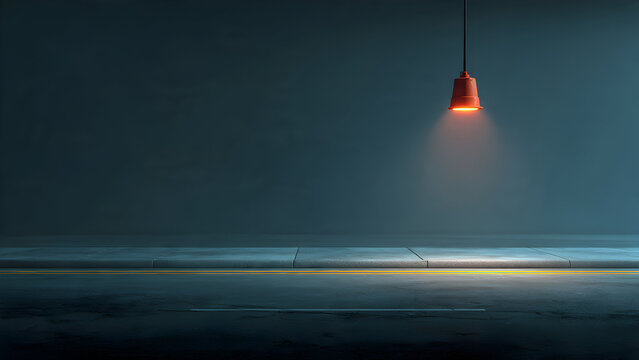 A calm minimal intersection marked only by a soft glowing caution light suspended above empty asphalt