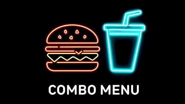 Neon icon of a burger and soda cup side by side, red yellow and cyan glowing tubes, simple fast food combo graphic style, text COMBO MENU below, alternating glow on pure black background.