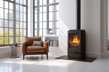 Fireplace and chair in modern space, large window, urban background