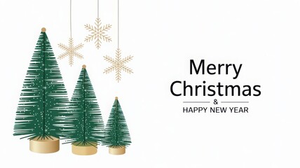 Minimalist christmas greeting card design with three green pine tree illustration and hanging gold snowflake isolated on white background
