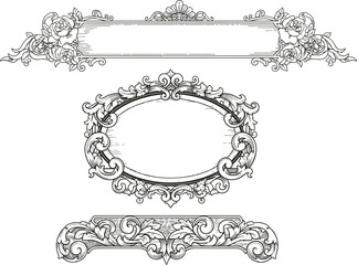 Vintage ornate frame set for graphic design, floral scroll borders, blank label templates, certificate layout, invitation artwork, retro style