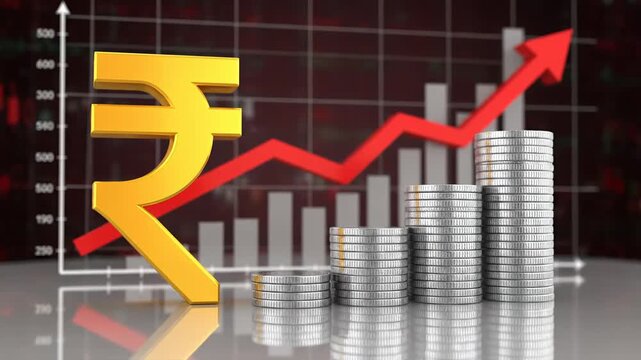 Golden Indian Rupee Symbol, Silver Coin Stacks, and Upward Arrow Chart for Financial Growth