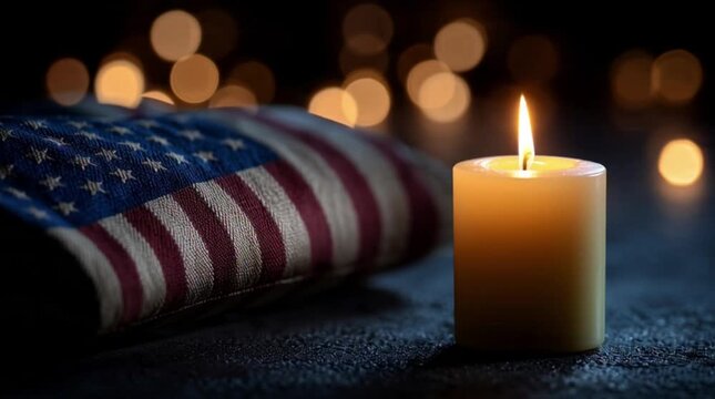A lit candle beside a folded American flag on a dark background with bokeh lights commemorating veterans days.