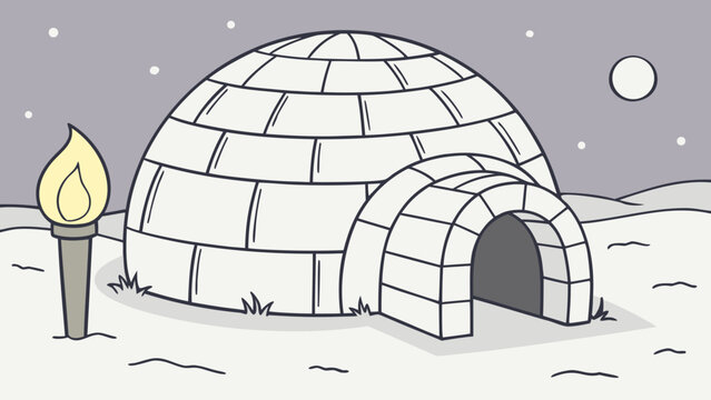 Cartoon Igloo with Torch in Snowy Arctic Landscape under Moonlight