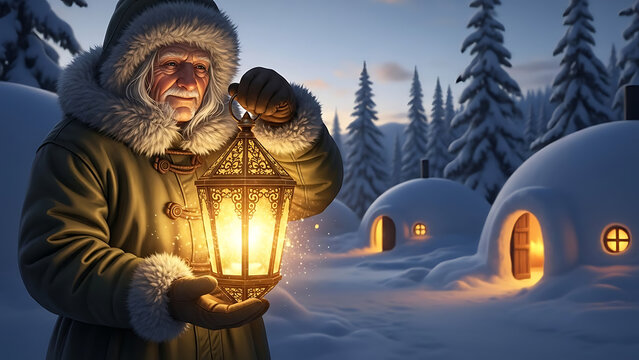 Man holding lantern in snow