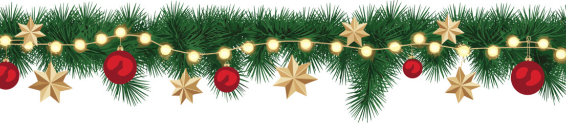 Christmas garland border with green pine branches, glowing string lights, red baubles and gold stars, festive winter holiday vector illustration for design