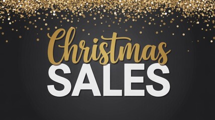 Christmas sales text announcement with falling gold glitter confetti on dark background for holiday promotion
