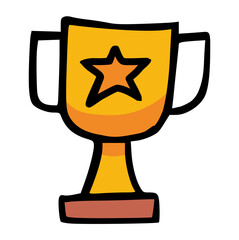 Hand Drawn Golden Trophy with Star Doodle Vector Illustration, Award Cup Icon, Winner, Success, Achievement, Prize, Excellence, First Place, Competition, Simple, Sketch
