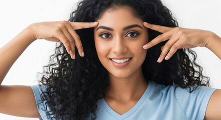 Fototapeta premium Beautiful Indian Woman Smiling, Hands on Temples, Wellness Concept