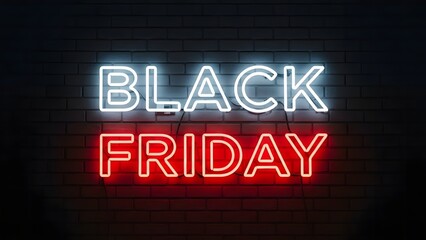 Bright neon sign announcing black friday sale against dark brick wall