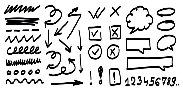 Hand-drawn set of black symbols including arrows, lines, check marks, numbers, exclamation points, and various speech bubbles in sketch style on white background