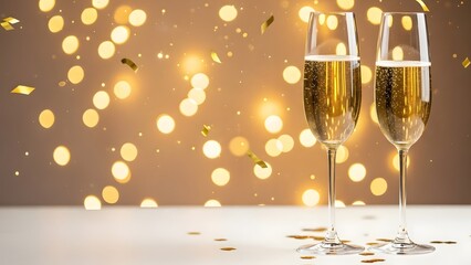 Elegant champagne toast with bokeh lights and confetti for celebration