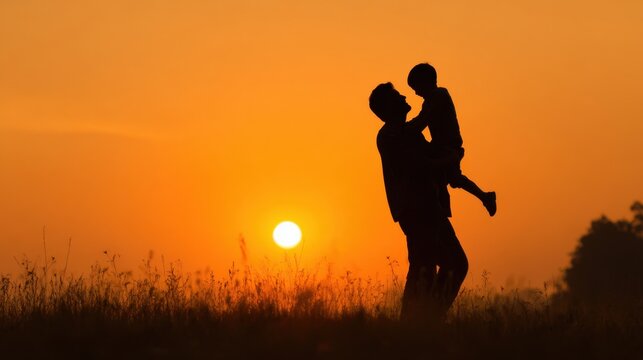 A father holds his young son close against the backdrop of a vibrant sunset. They share a joyful moment in a grassy field surrounded by nature's tranquility.